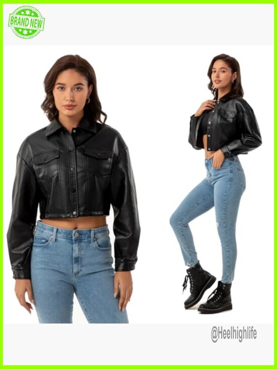 Faux Leather Cropped Moto Jacket, Long Sleeve Button Closure, Point Collar - Picture 4 of 7